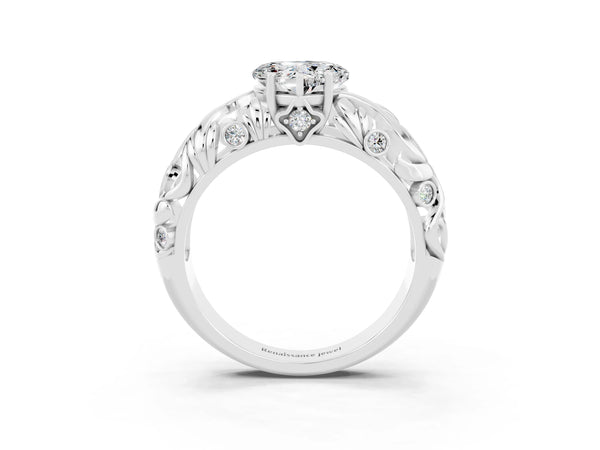 Platinum Heart Cut Solitaire Moissanite Leaf-Inspired Vine Band Ring with Prong Setting