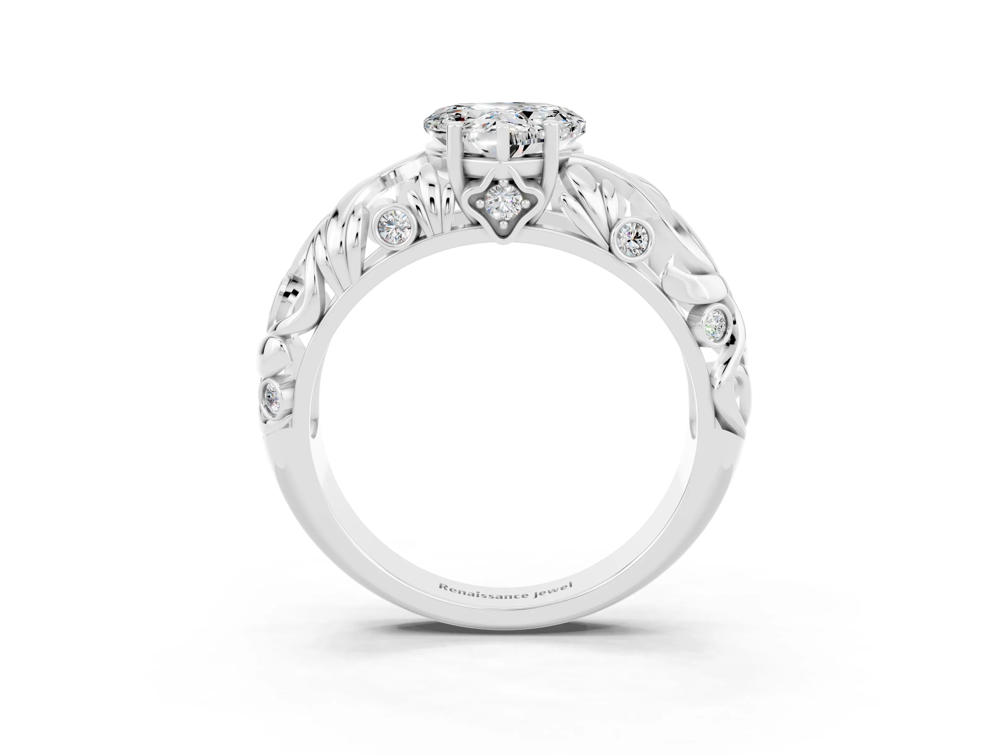 White gold Heart Cut Solitaire Moissanite Leaf-Inspired Vine Band Ring with Prong Setting_3