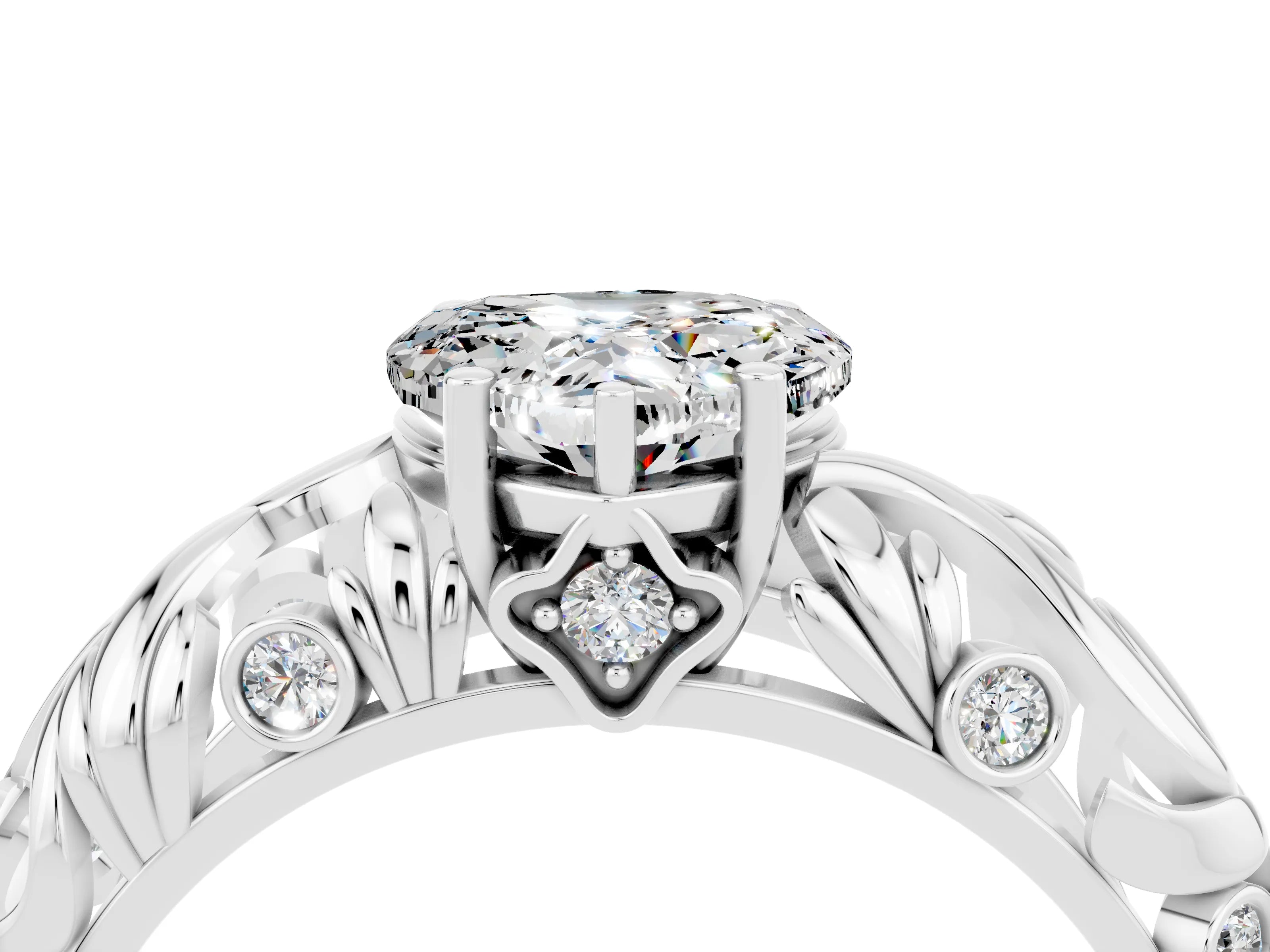 White gold Heart Cut Solitaire Moissanite Leaf-Inspired Vine Band Ring with Prong Setting_4