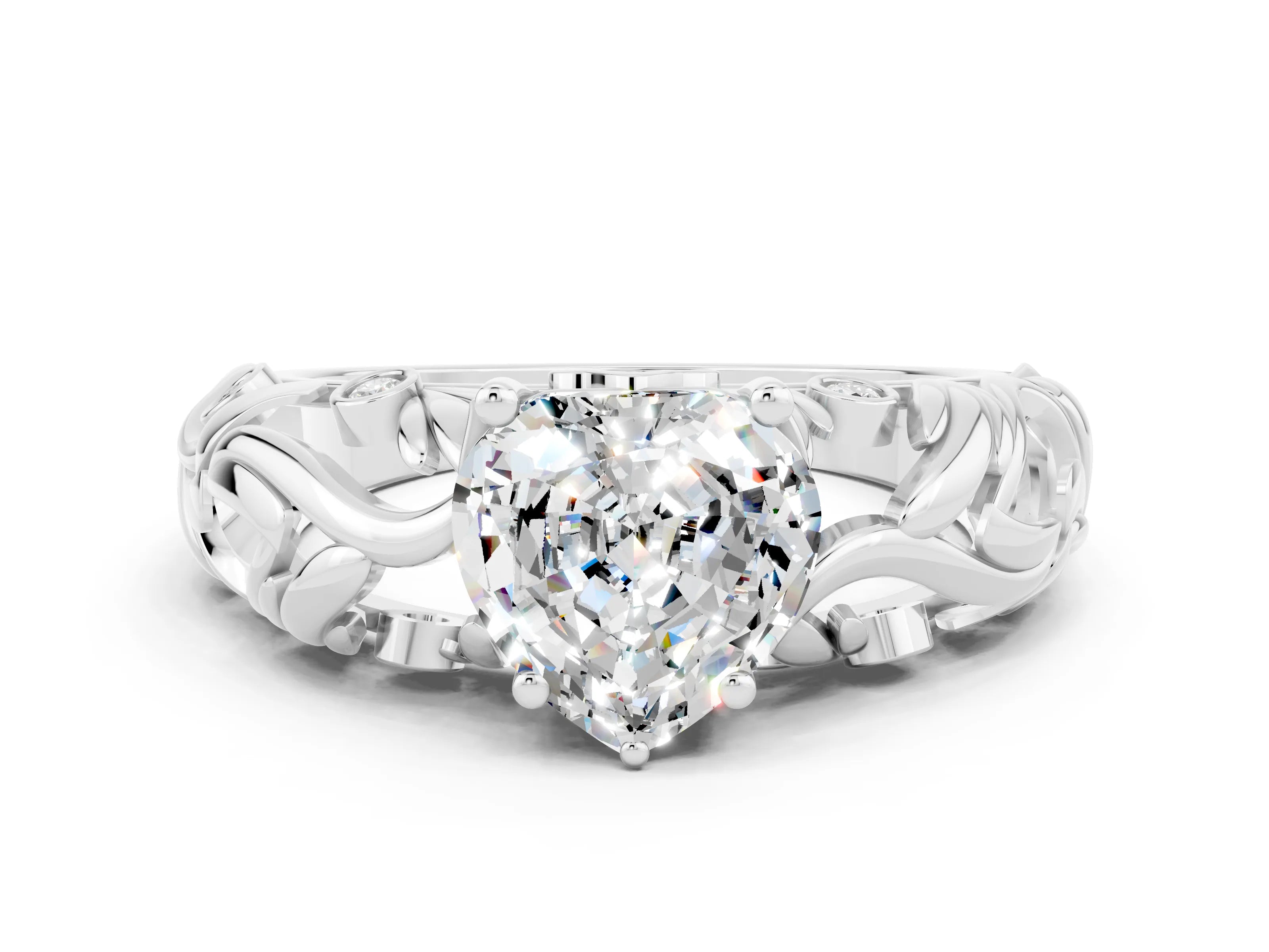 White gold Heart Cut Solitaire Moissanite Leaf-Inspired Vine Band Ring with Prong Setting