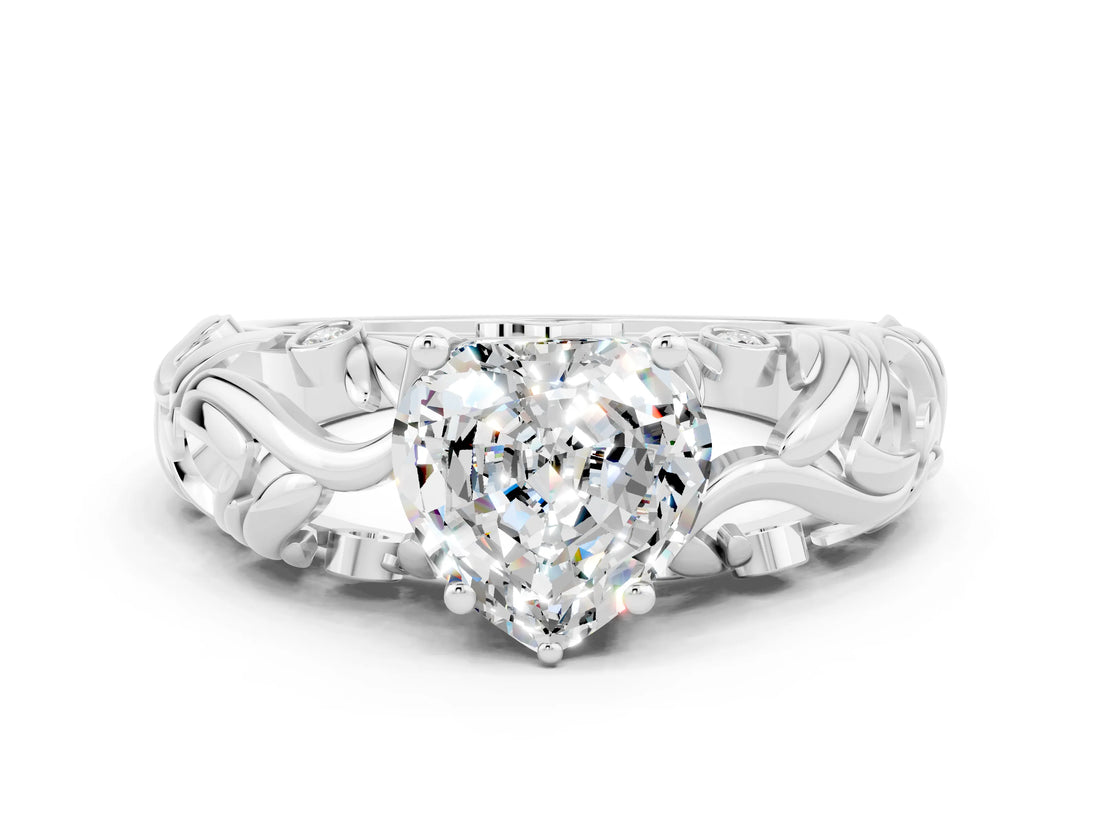 White gold Heart Cut Solitaire Moissanite Leaf-Inspired Vine Band Ring with Prong Setting