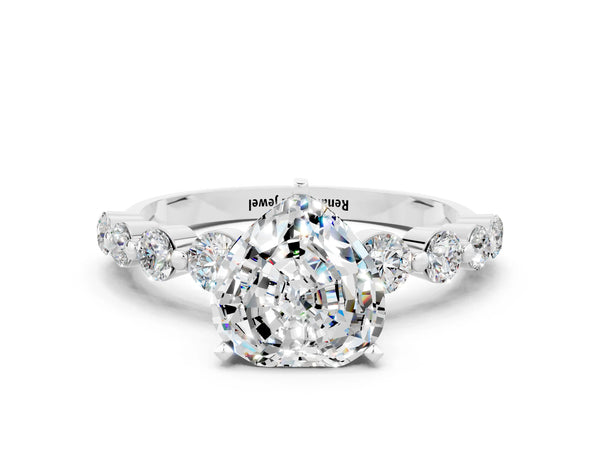 Platinum Heart Cut Solitaire Moissanite Ring with Pave Band and Four-Prong Setting