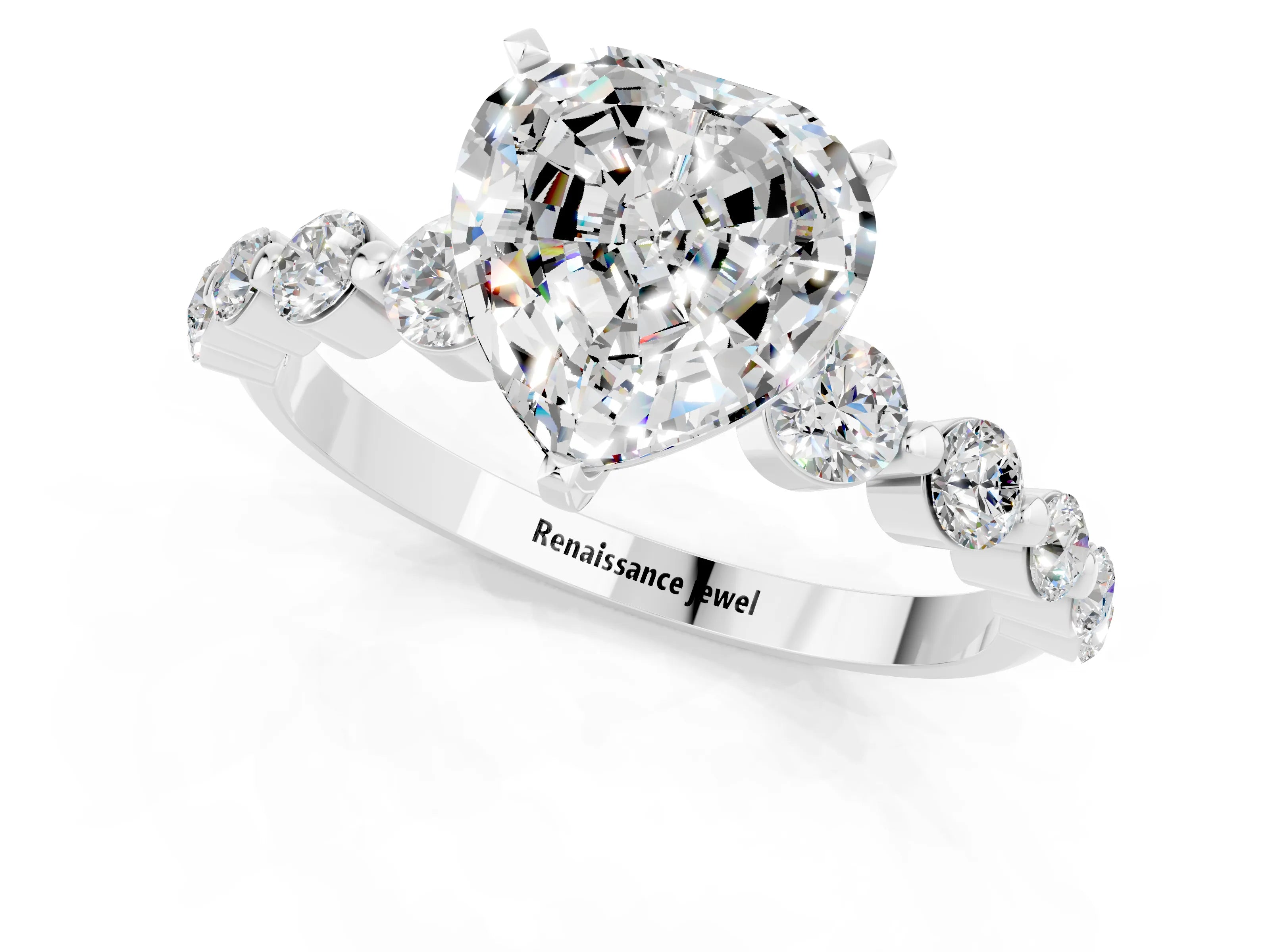 White gold Heart Cut Solitaire Moissanite Ring with Pave Band and Four-Prong Setting_1
