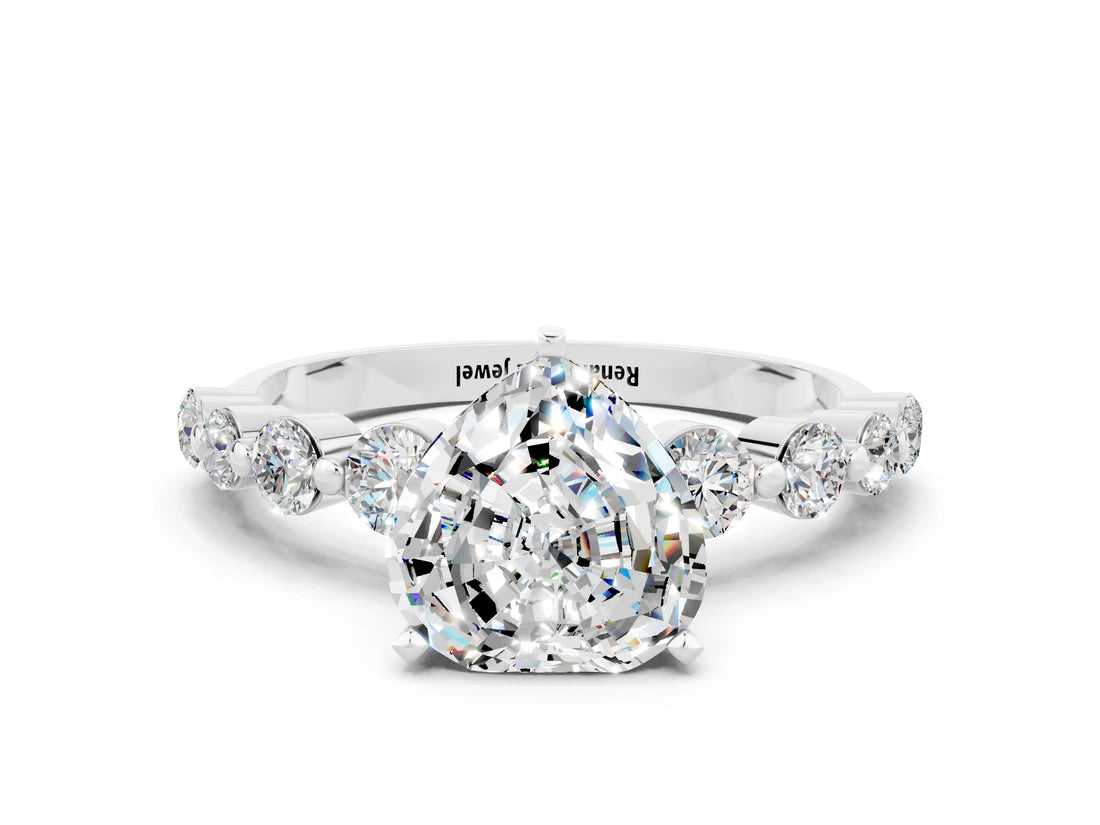 White gold Heart Cut Solitaire Moissanite Ring with Pave Band and Four-Prong Setting