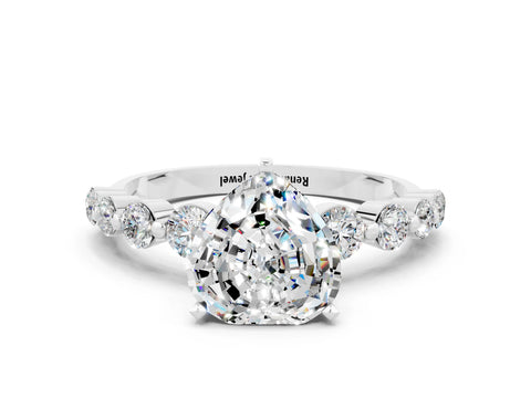 White gold Heart Cut Solitaire Moissanite Ring with Pave Band and Four-Prong Setting