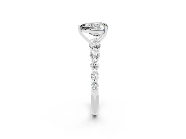 White gold Heart Cut Solitaire Moissanite Ring with Pave Band and Four-Prong Setting