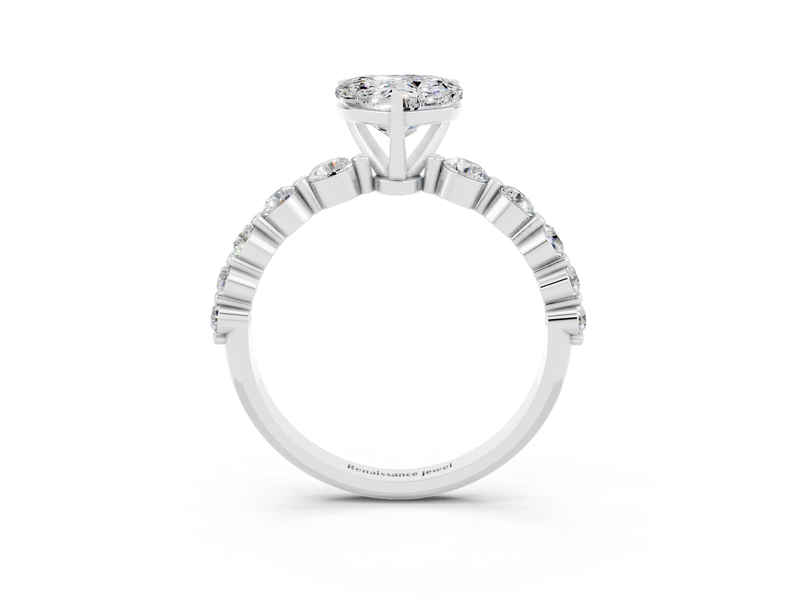 White gold Heart Cut Solitaire Moissanite Ring with Pave Band and Four-Prong Setting_3