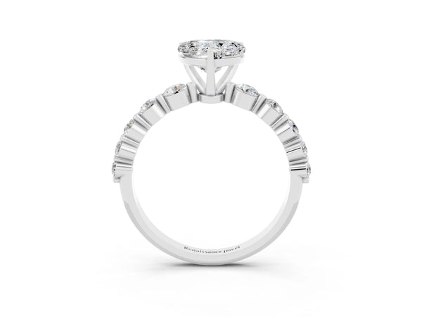 White gold Heart Cut Solitaire Moissanite Ring with Pave Band and Four-Prong Setting