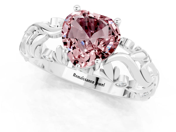 White gold Heart Cut Solitaire Morganite Leaf-Inspired Vine Band Ring with Prong Setting
