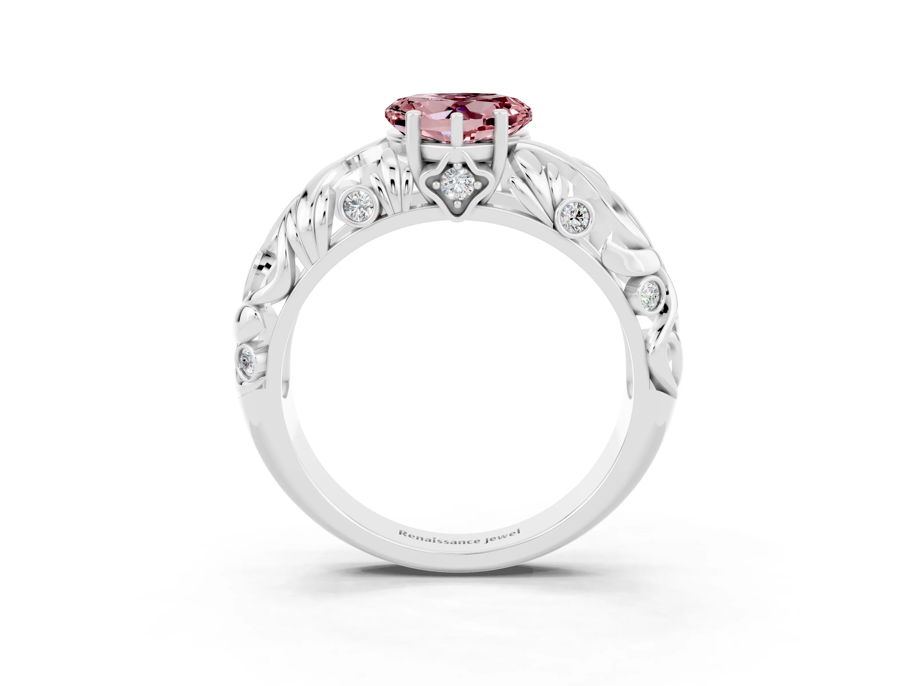 White gold Heart Cut Solitaire Morganite Leaf-Inspired Vine Band Ring with Prong Setting_3