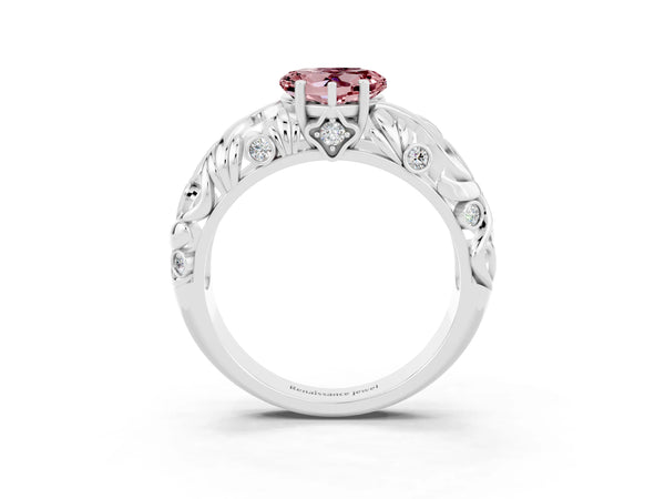 Platinum Heart Cut Solitaire Morganite Leaf-Inspired Vine Band Ring with Prong Setting