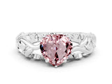 White gold Heart Cut Solitaire Morganite Leaf-Inspired Vine Band Ring with Prong Setting