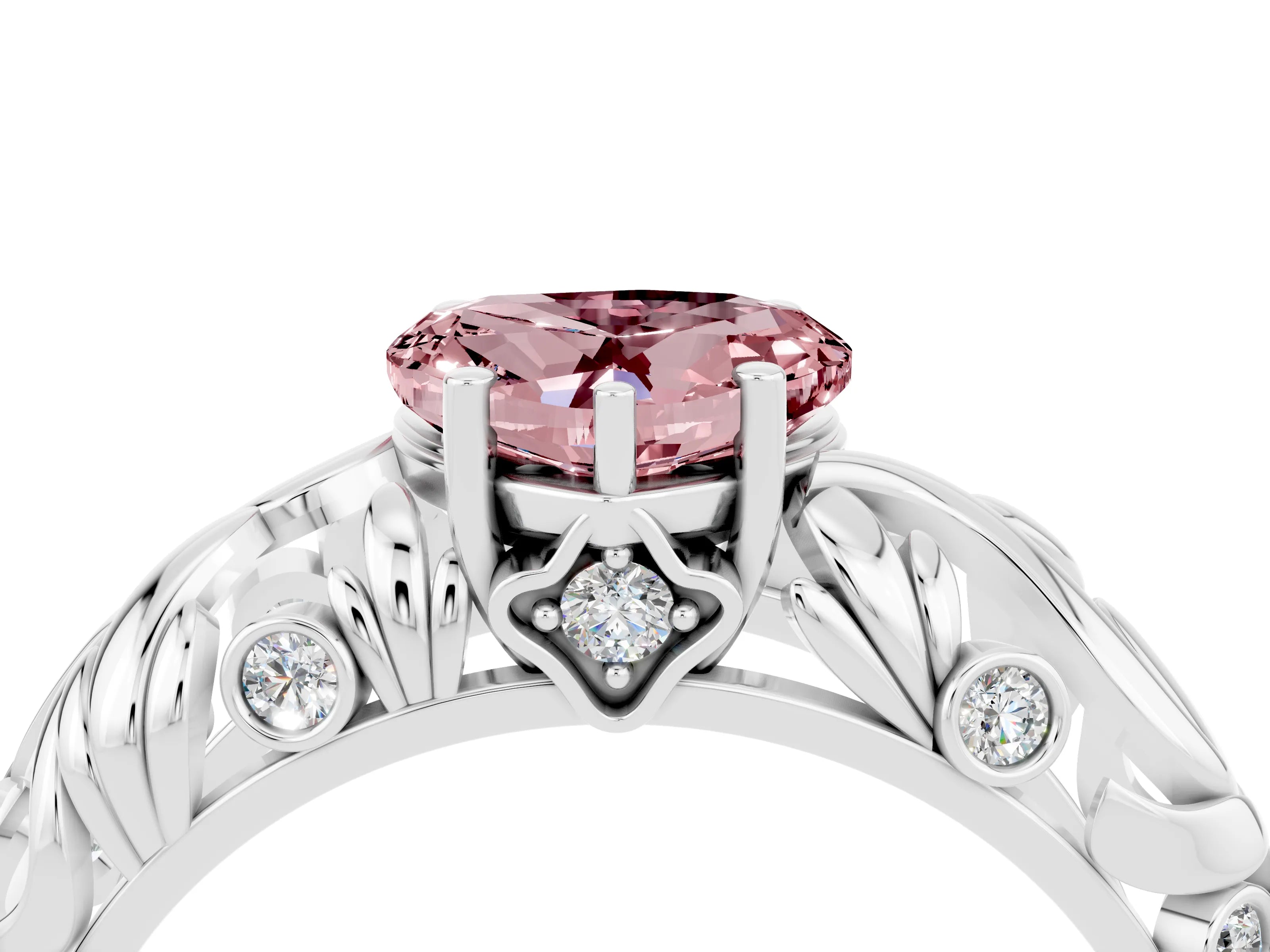 White gold Heart Cut Solitaire Morganite Leaf-Inspired Vine Band Ring with Prong Setting_4