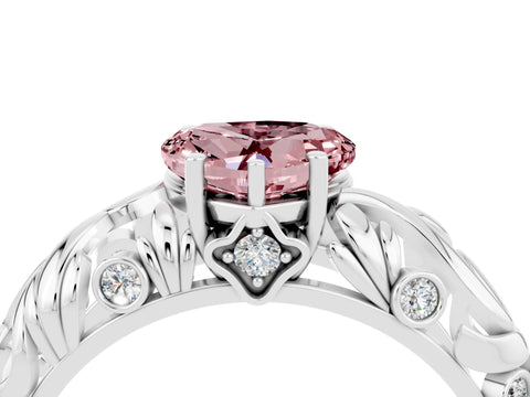 White gold Heart Cut Solitaire Morganite Leaf-Inspired Vine Band Ring with Prong Setting_4