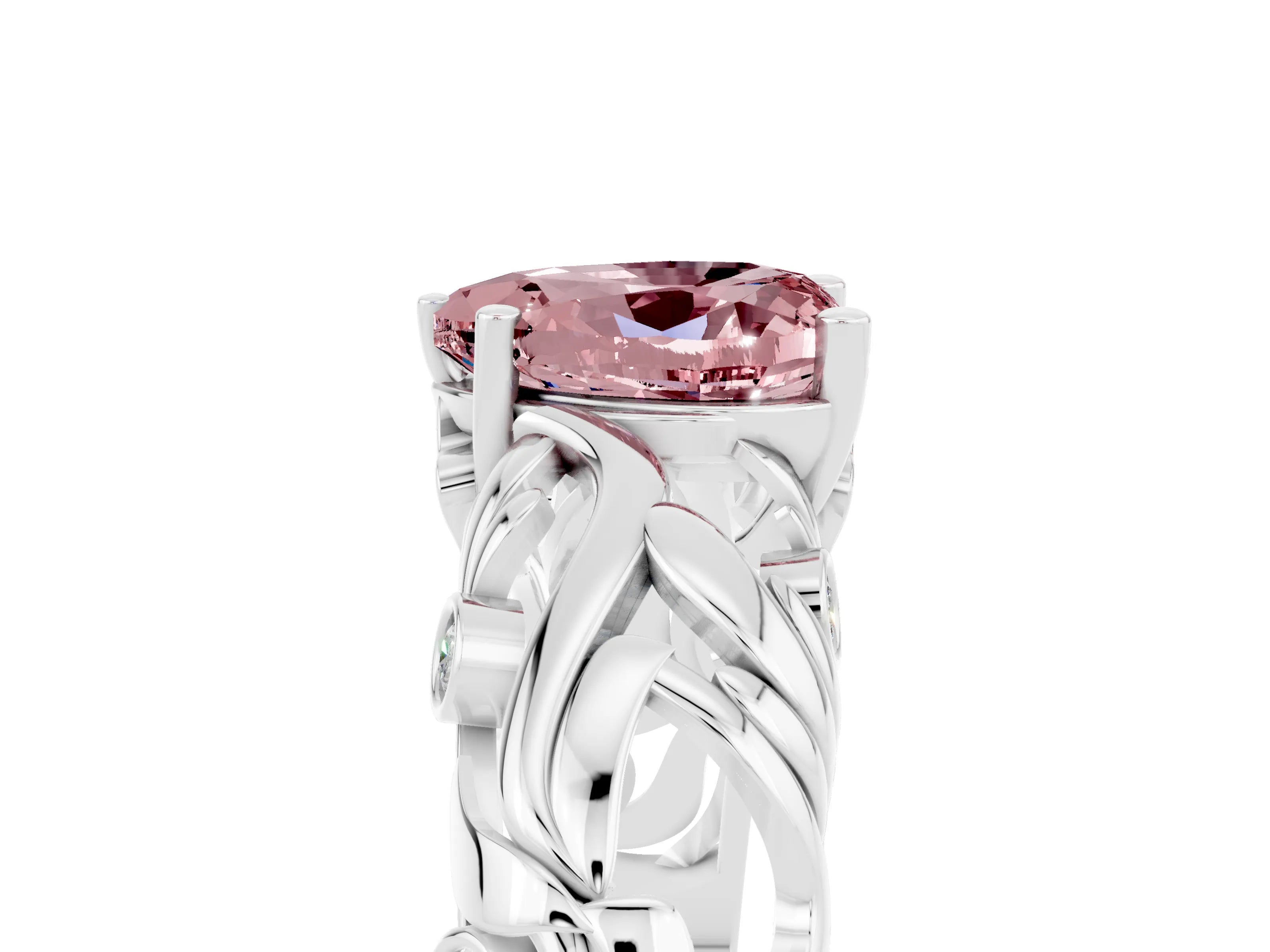White gold Heart Cut Solitaire Morganite Leaf-Inspired Vine Band Ring with Prong Setting_5