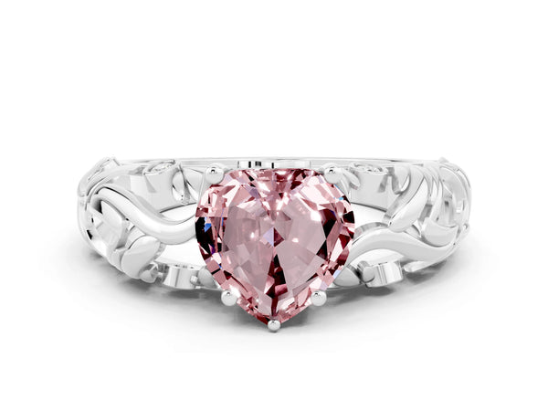 White gold Heart Cut Solitaire Morganite Leaf-Inspired Vine Band Ring with Prong Setting