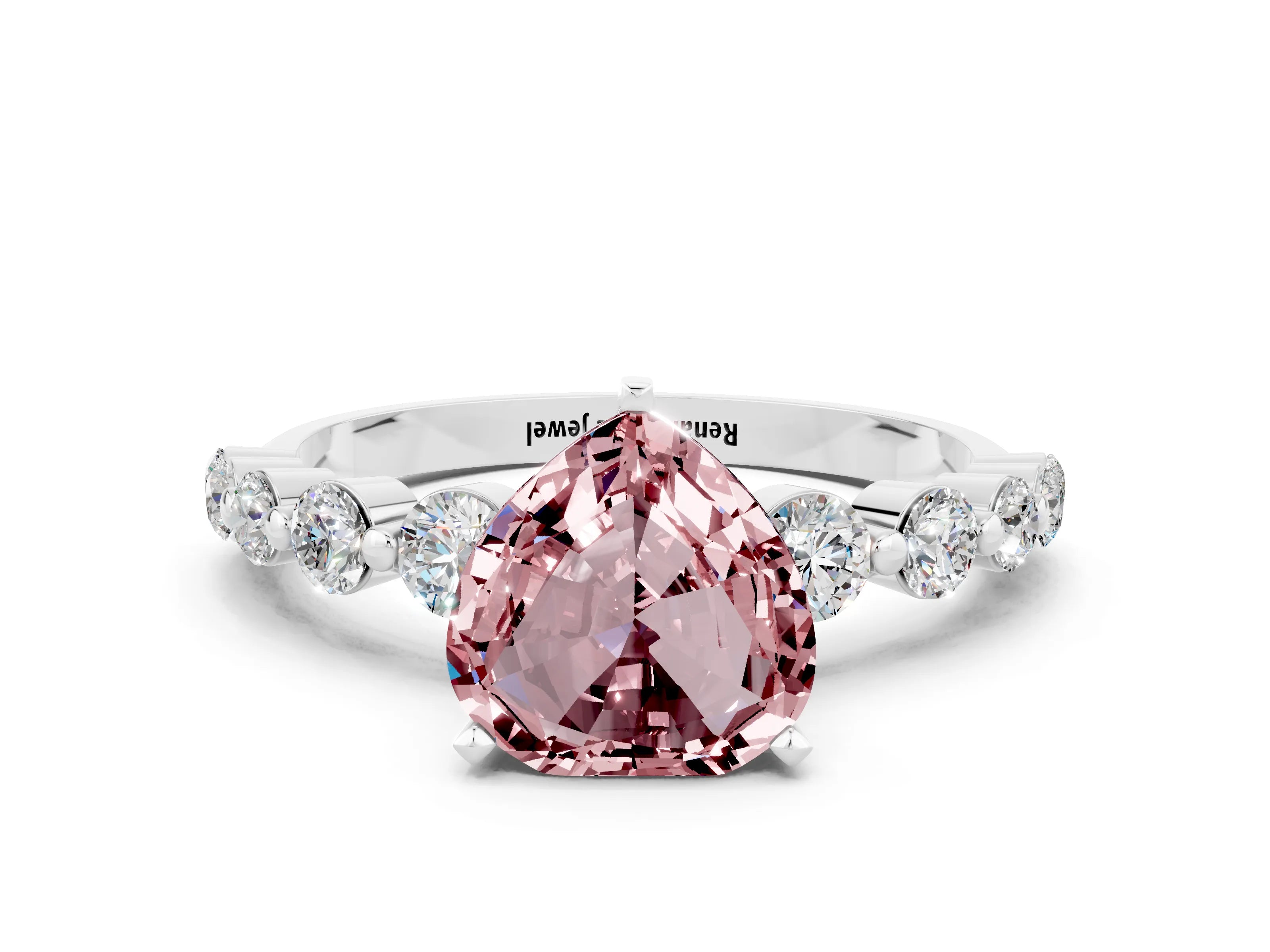 White gold Heart Cut Solitaire Morganite Ring with Pave Band and Four-Prong Setting