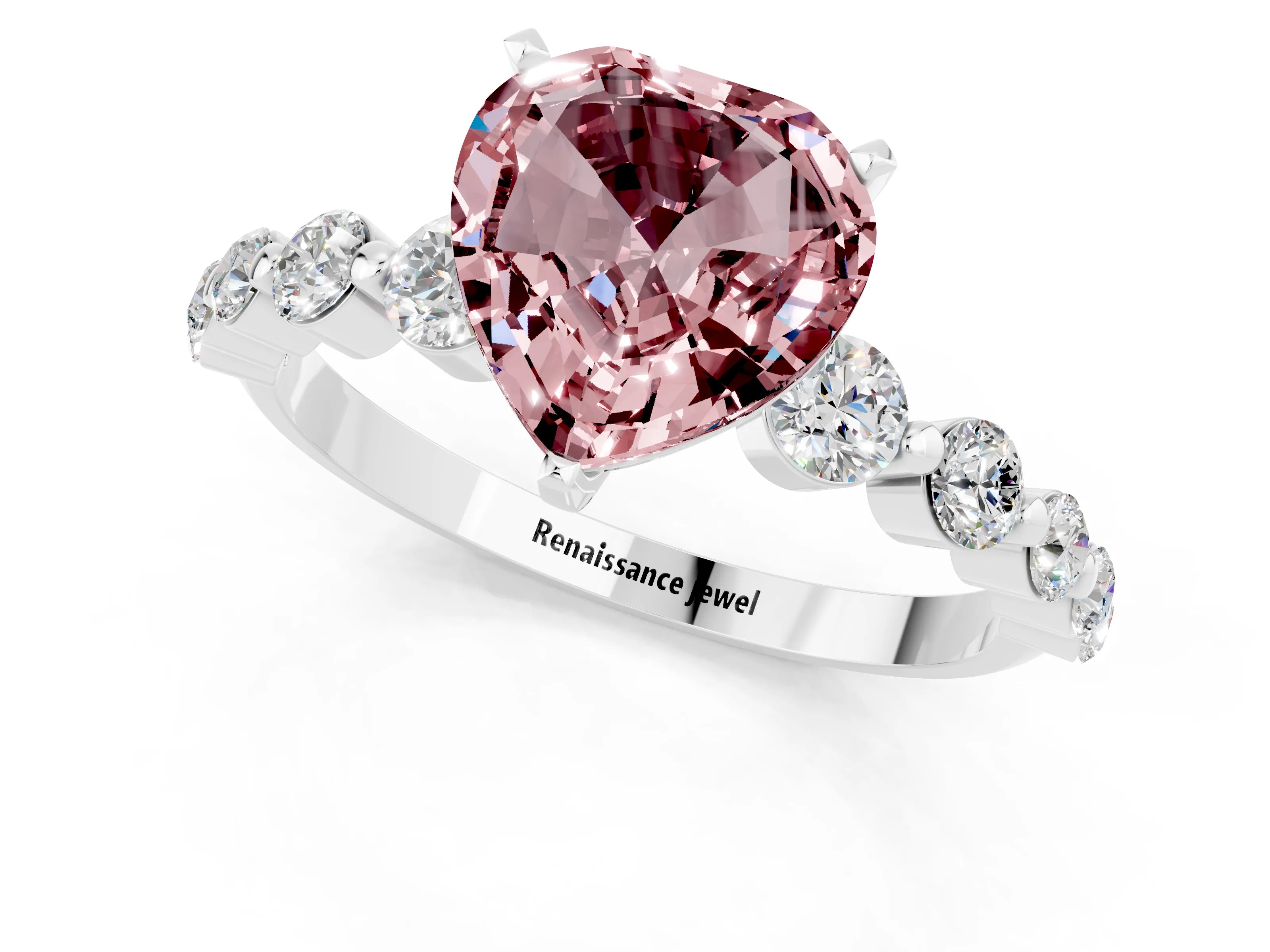 White gold Heart Cut Solitaire Morganite Ring with Pave Band and Four-Prong Setting_1