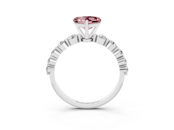 Silver Heart Cut Solitaire Morganite Ring with Pave Band and Four-Prong Setting