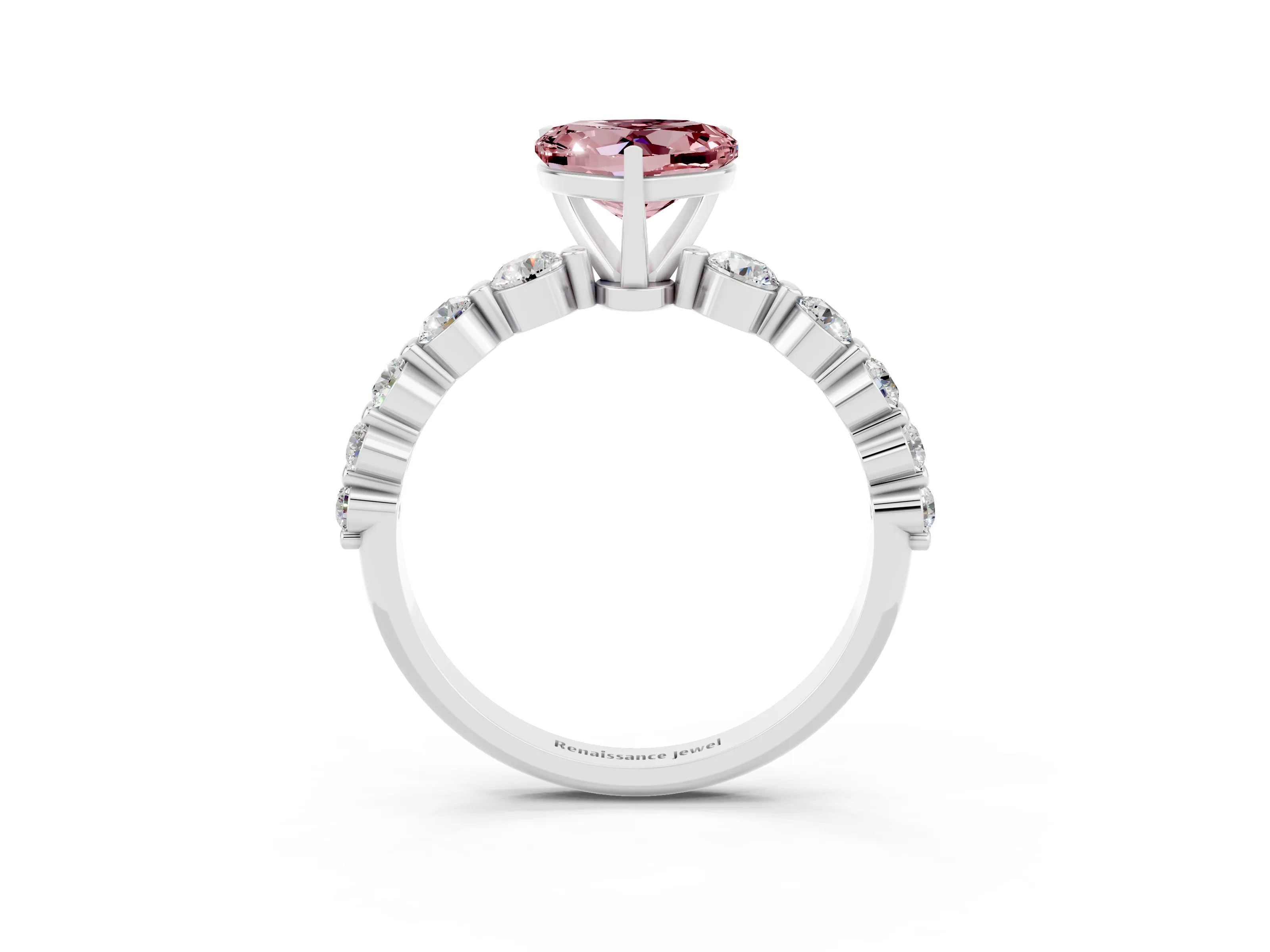 White gold Heart Cut Solitaire Morganite Ring with Pave Band and Four-Prong Setting_3