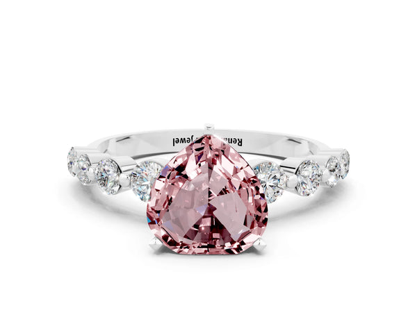 White gold Heart Cut Solitaire Morganite Ring with Pave Band and Four-Prong Setting