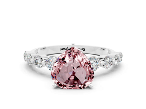 White gold Heart Cut Solitaire Morganite Ring with Pave Band and Four-Prong Setting