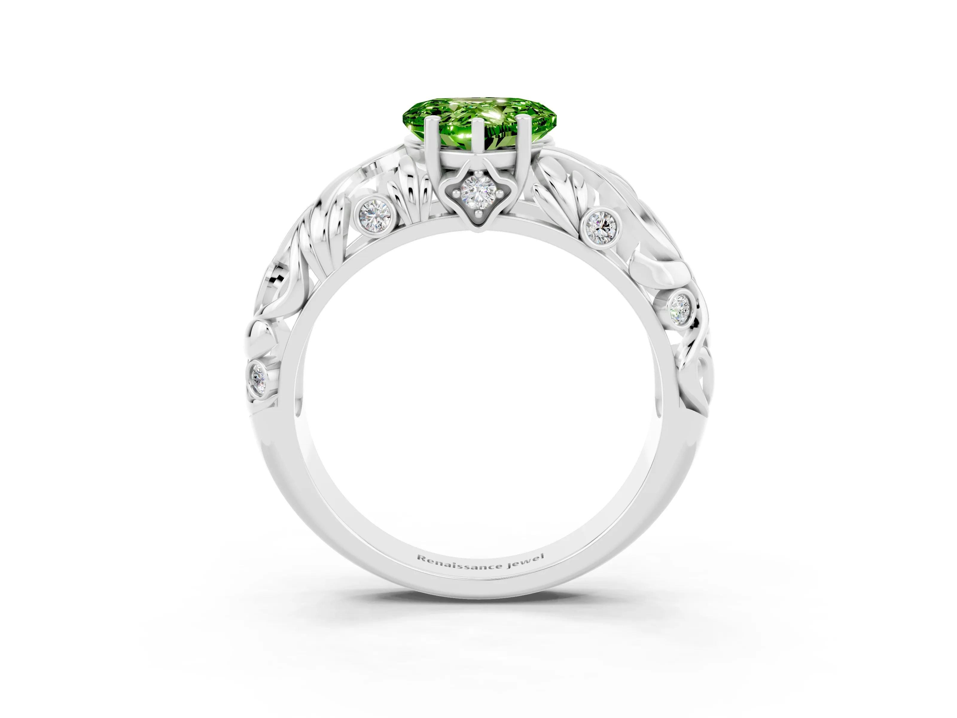 White gold Heart Cut Solitaire Peridot Leaf-Inspired Vine Band Ring with Prong Setting_3