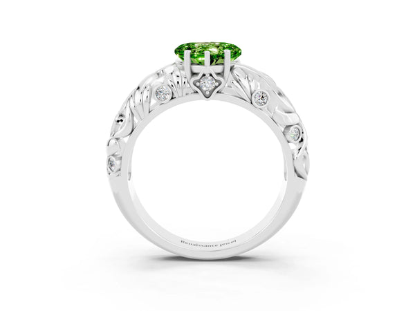 Silver Heart Cut Solitaire Peridot Leaf-Inspired Vine Band Ring with Prong Setting