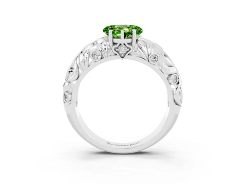 White gold Heart Cut Solitaire Peridot Leaf-Inspired Vine Band Ring with Prong Setting_3