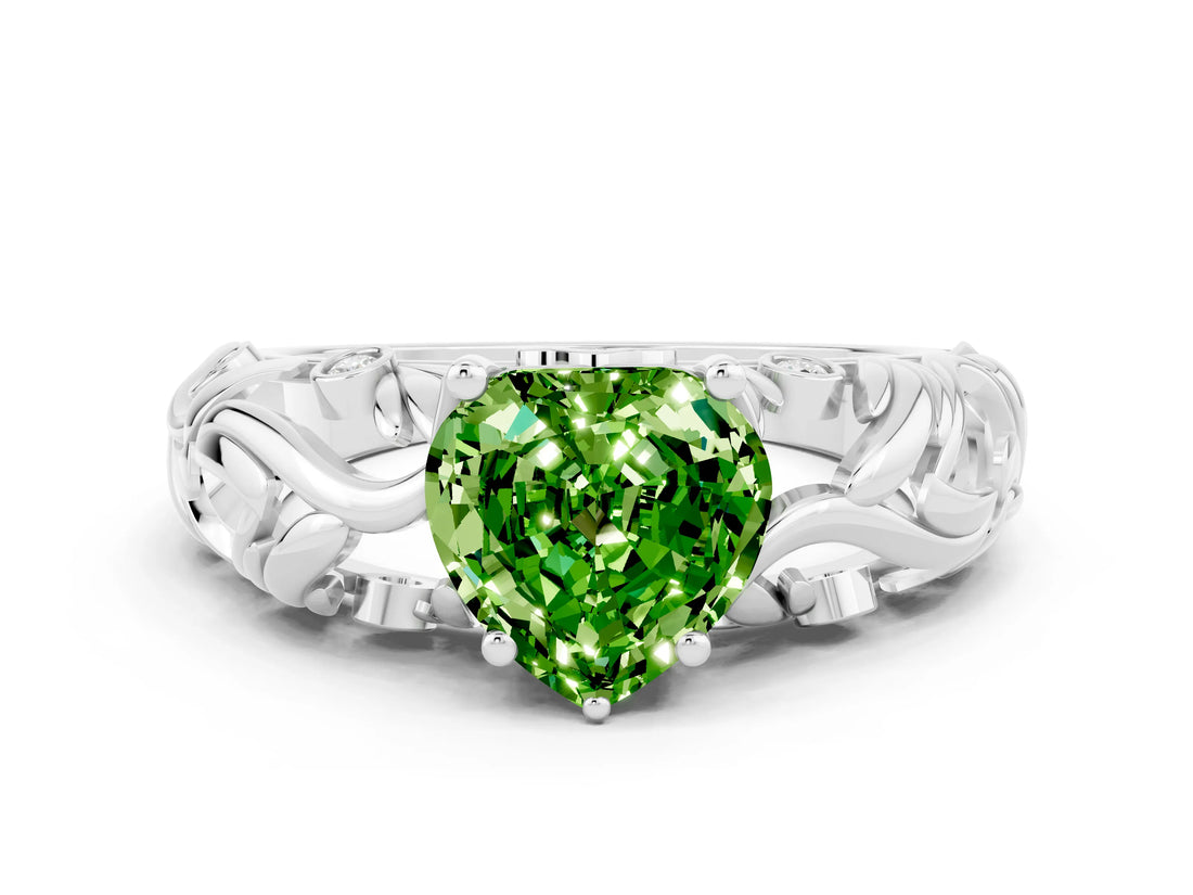White gold Heart Cut Solitaire Peridot Leaf-Inspired Vine Band Ring with Prong Setting