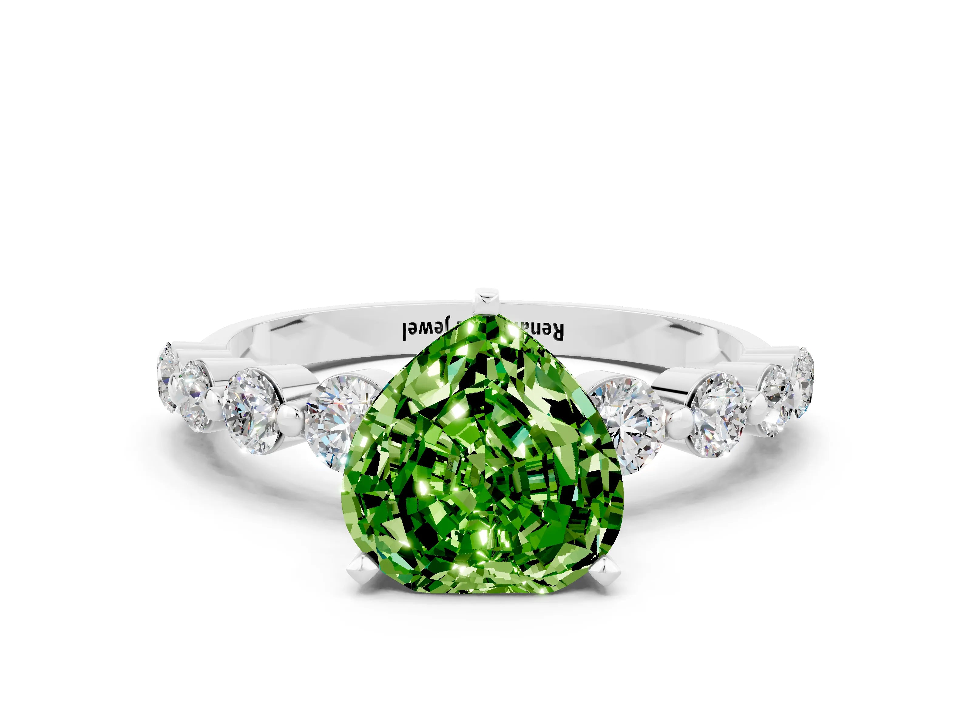 White gold Heart Cut Solitaire Peridot Ring with Pave Band and Four-Prong Setting