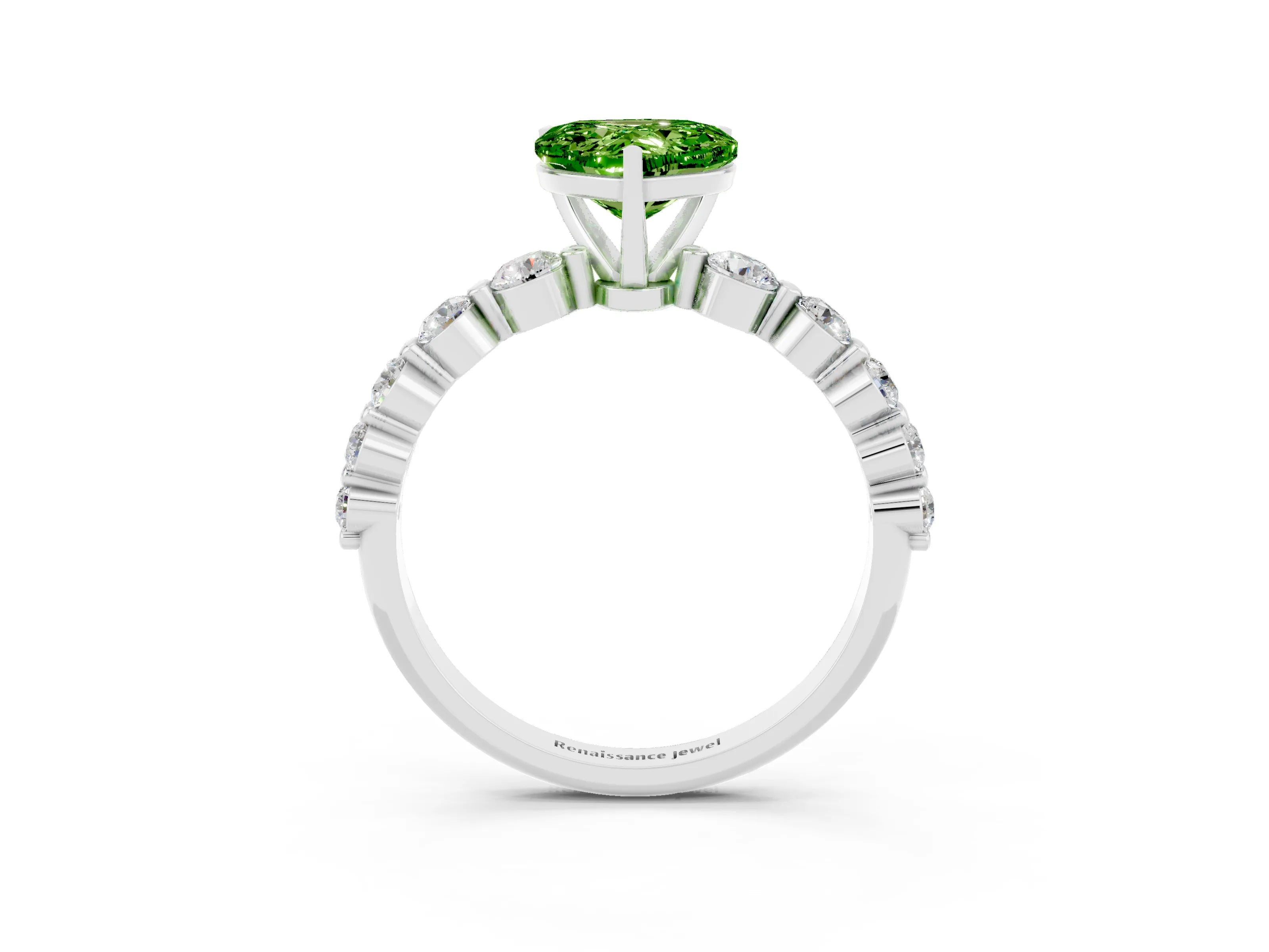 White gold Heart Cut Solitaire Peridot Ring with Pave Band and Four-Prong Setting_3