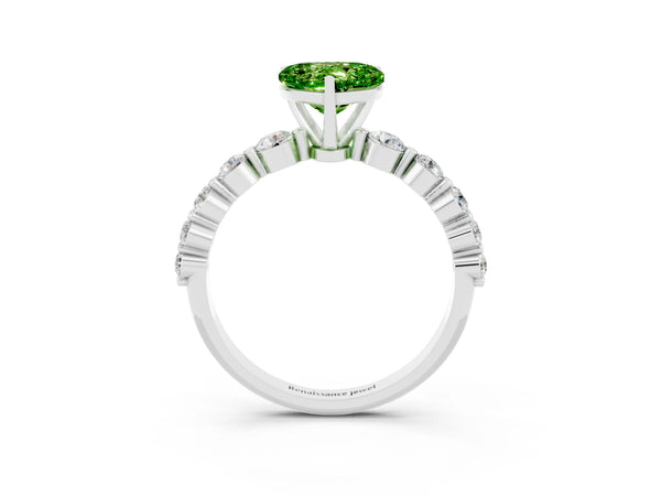 White gold Heart Cut Solitaire Peridot Ring with Pave Band and Four-Prong Setting