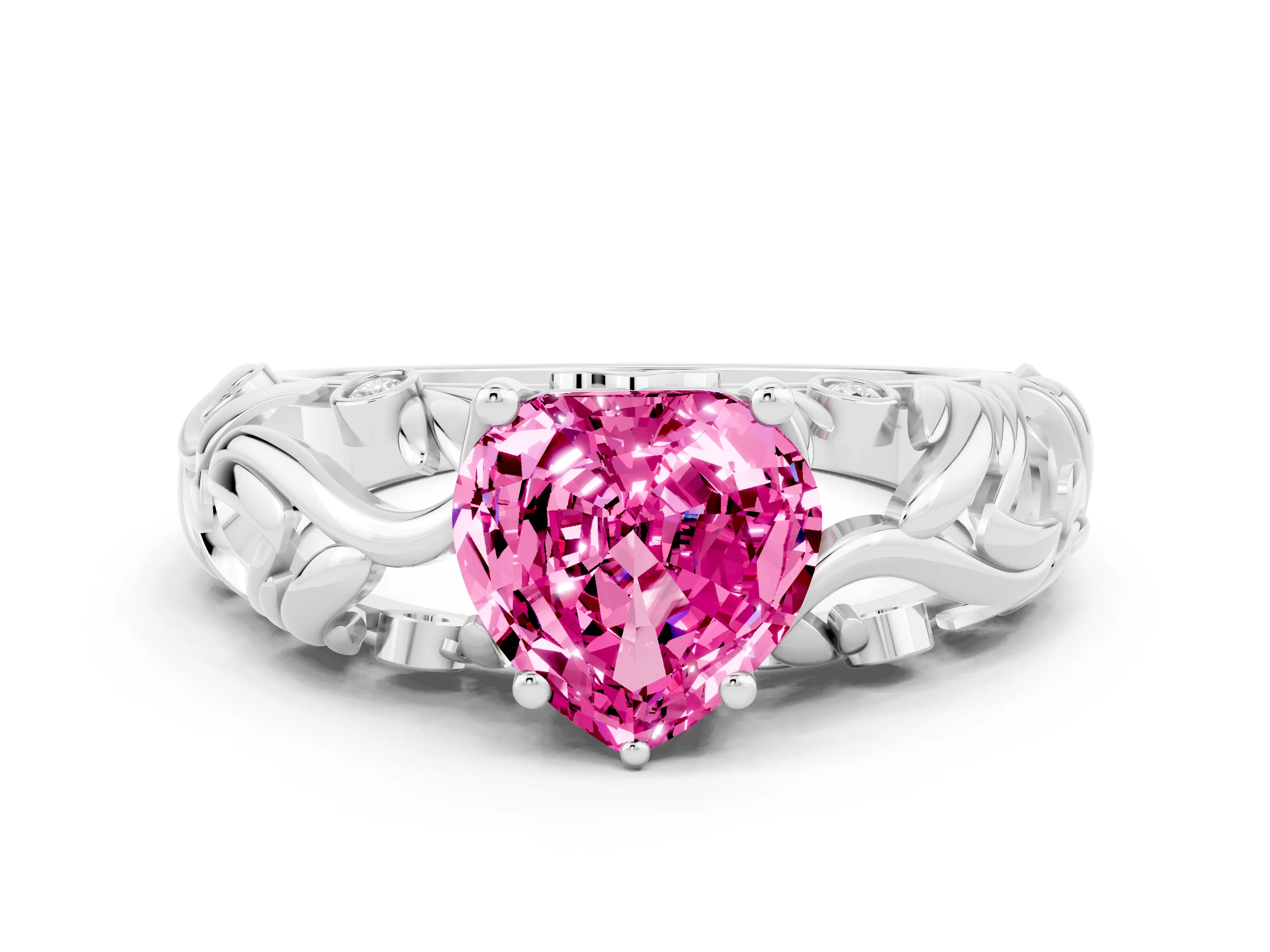 White gold Heart Cut Solitaire Pink Sapphire Leaf-Inspired Vine Band Ring with Prong Setting_24