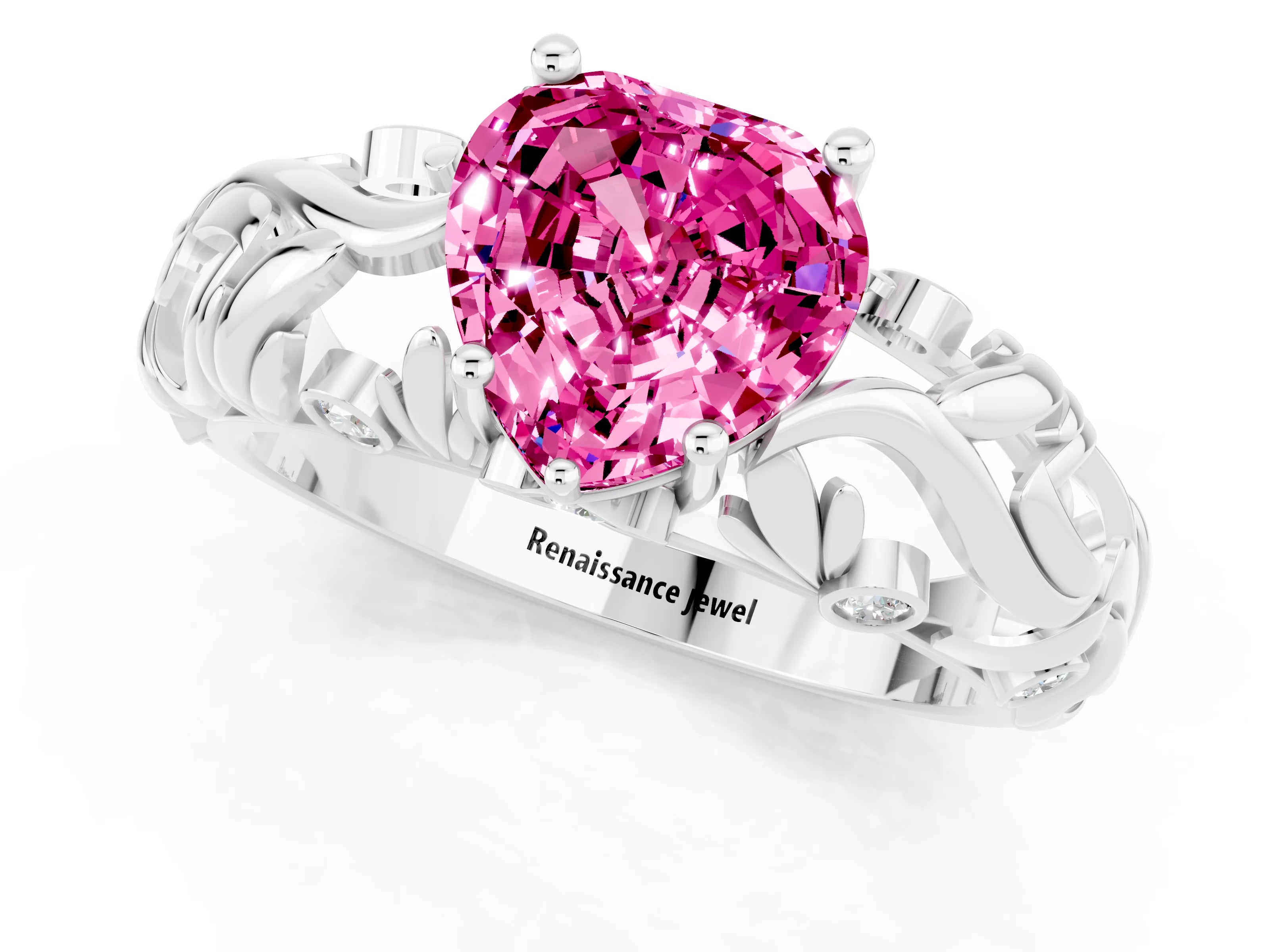 White gold Heart Cut Solitaire Pink Sapphire Leaf-Inspired Vine Band Ring with Prong Setting_25