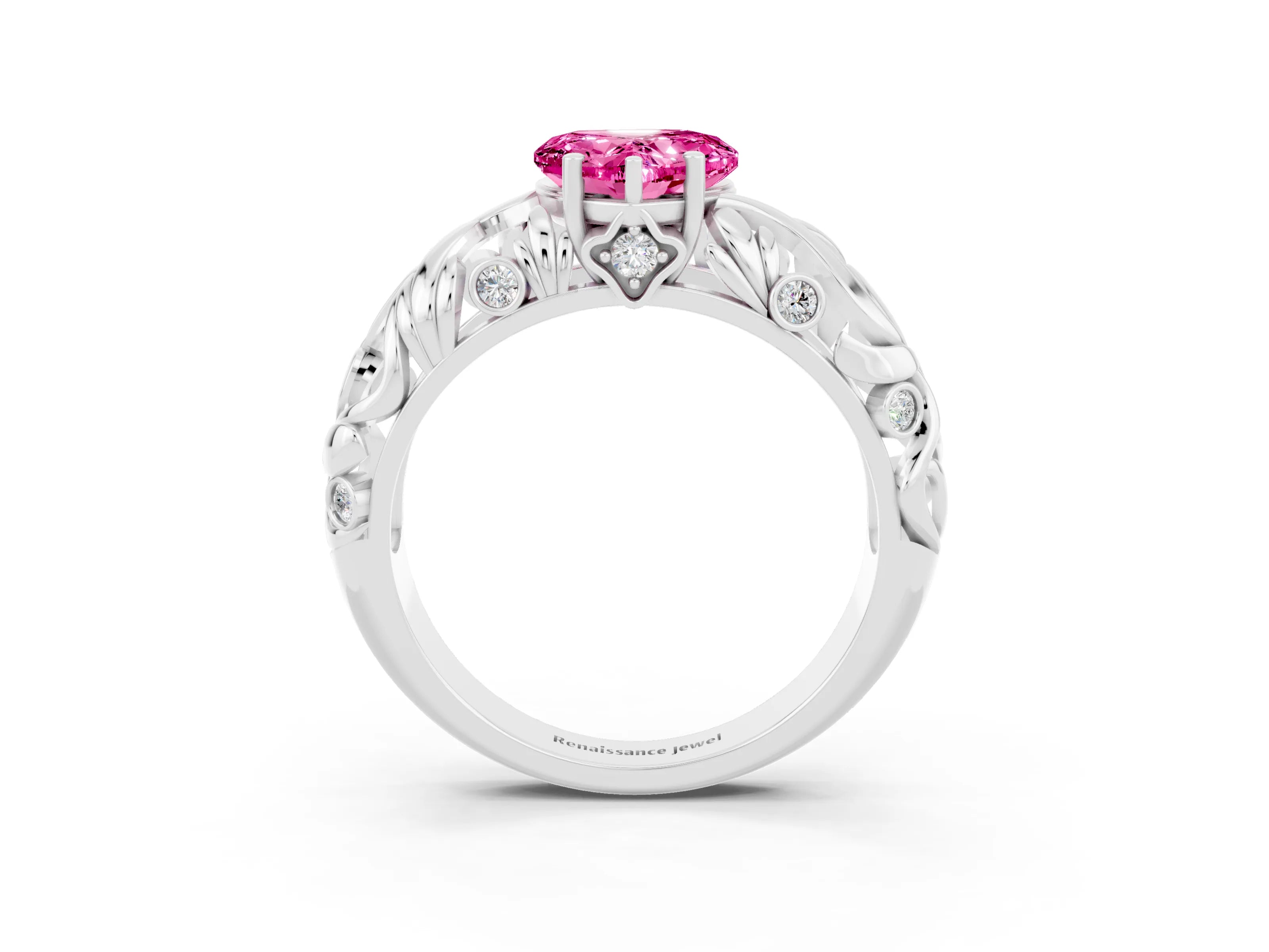 White gold Heart Cut Solitaire Pink Sapphire Leaf-Inspired Vine Band Ring with Prong Setting_27