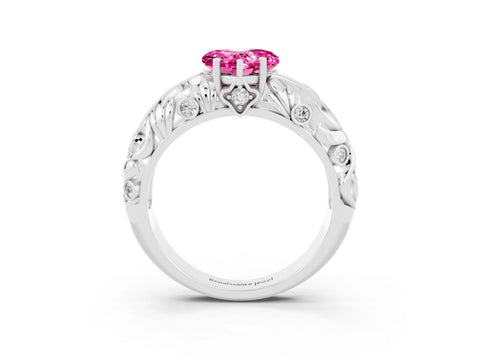 White gold Heart Cut Solitaire Pink Sapphire Leaf-Inspired Vine Band Ring with Prong Setting_27