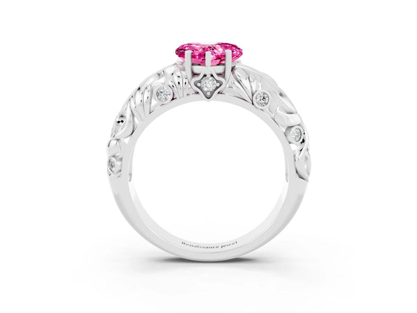 Silver Heart Cut Solitaire Pink Sapphire Leaf-Inspired Vine Band Ring with Prong Setting