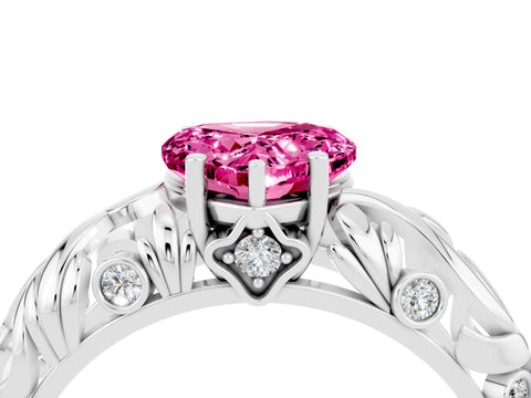 White gold Heart Cut Solitaire Pink Sapphire Leaf-Inspired Vine Band Ring with Prong Setting_28