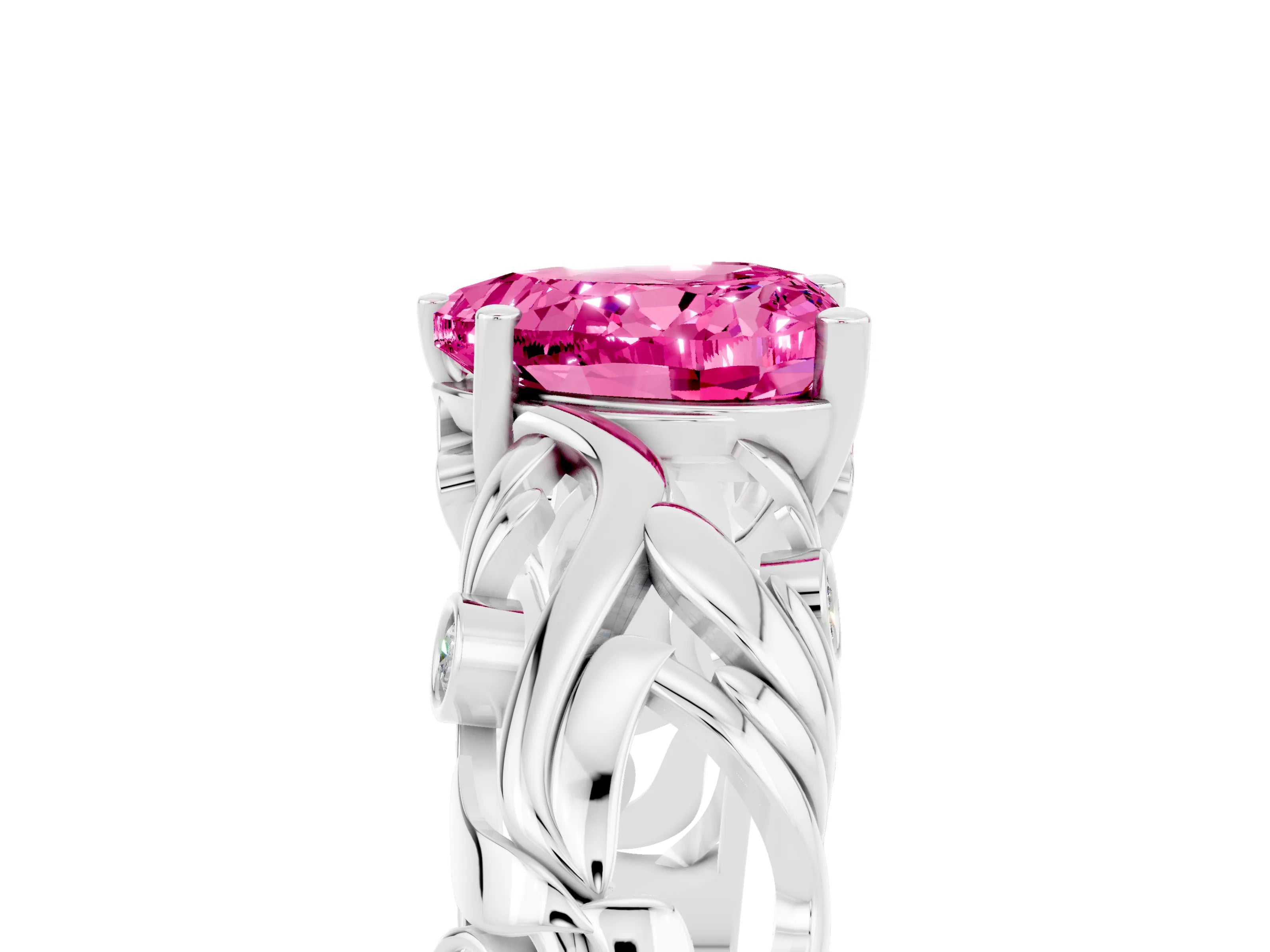 White gold Heart Cut Solitaire Pink Sapphire Leaf-Inspired Vine Band Ring with Prong Setting_29