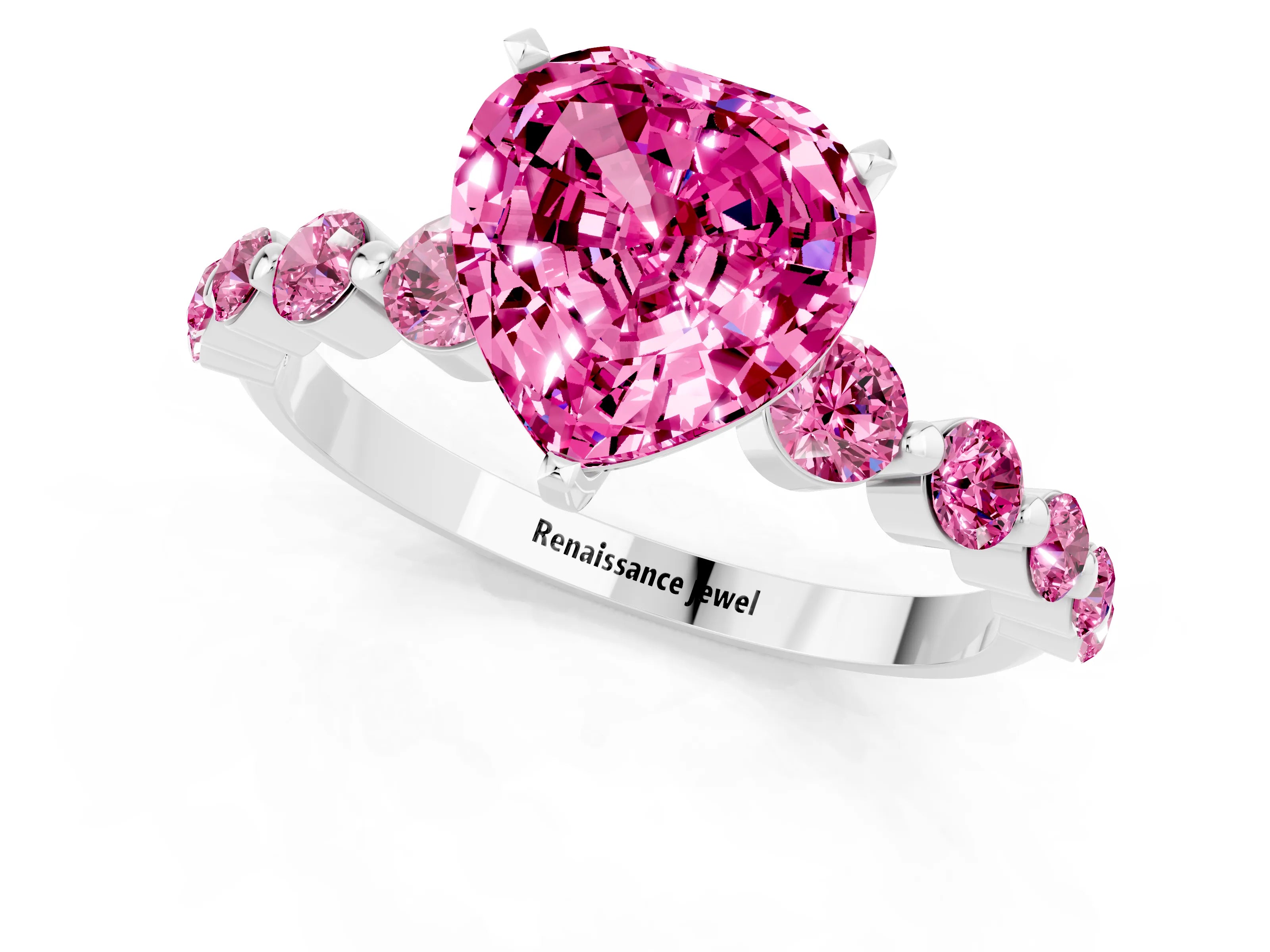 White gold Heart Cut Solitaire Pink Sapphire Ring with Pave Band and Four-Prong Setting_1
