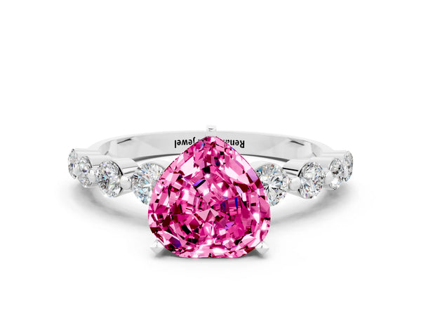 Platinum Heart Cut Solitaire Pink Sapphire Ring with Pave Band and Four-Prong Setting
