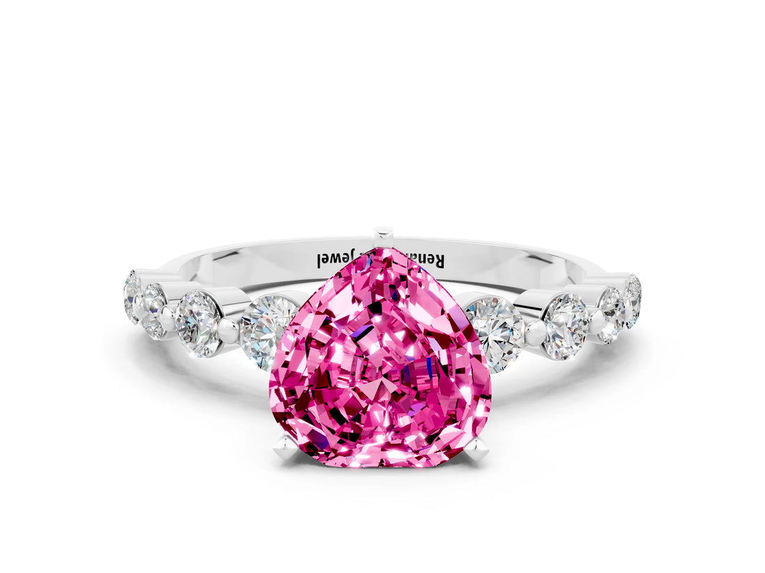 White gold Heart Cut Solitaire Pink Sapphire Ring with Pave Band and Four-Prong Setting_24