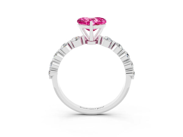 Platinum Heart Cut Solitaire Pink Sapphire Ring with Pave Band and Four-Prong Setting