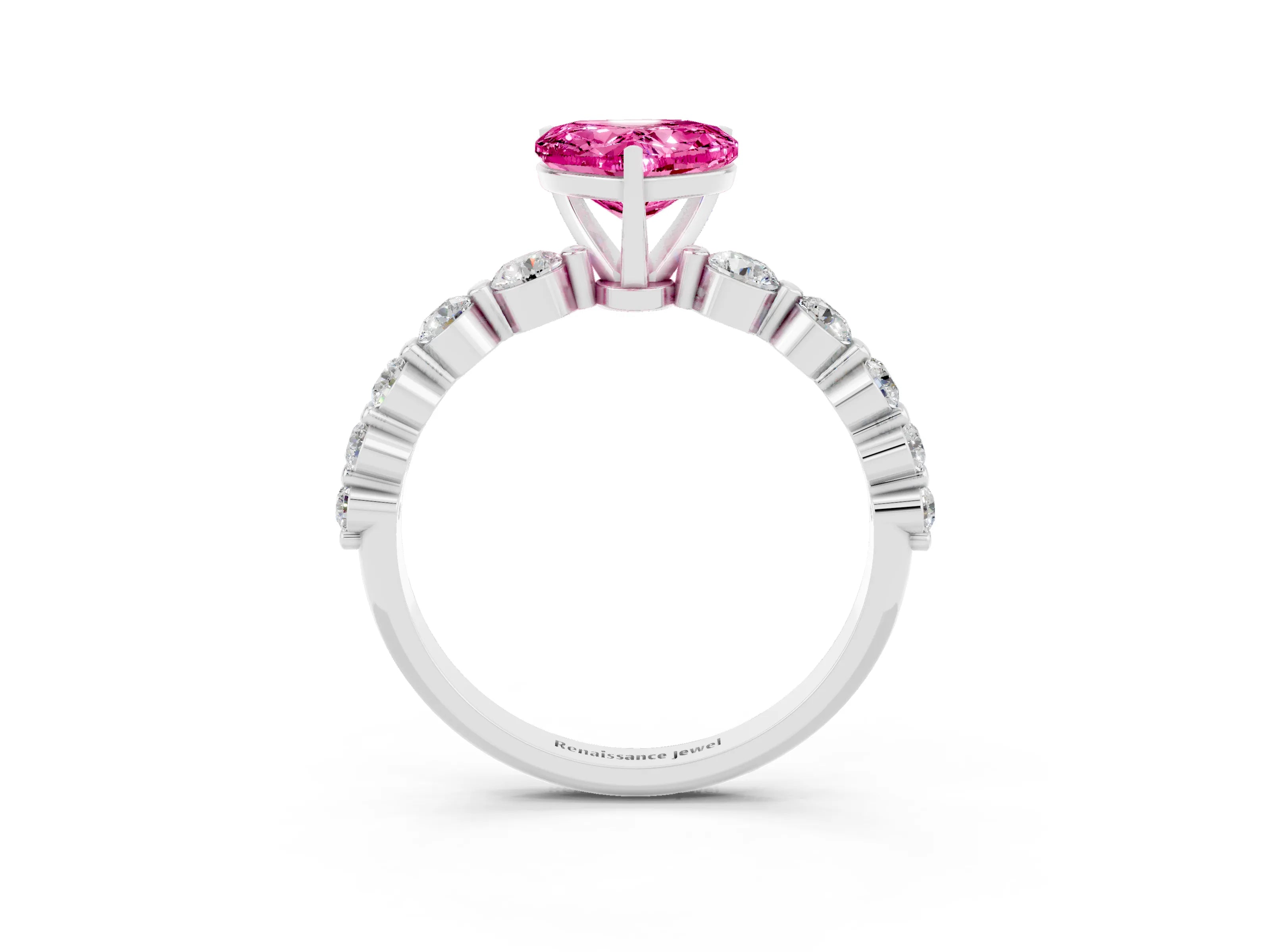 White gold Heart Cut Solitaire Pink Sapphire Ring with Pave Band and Four-Prong Setting_27
