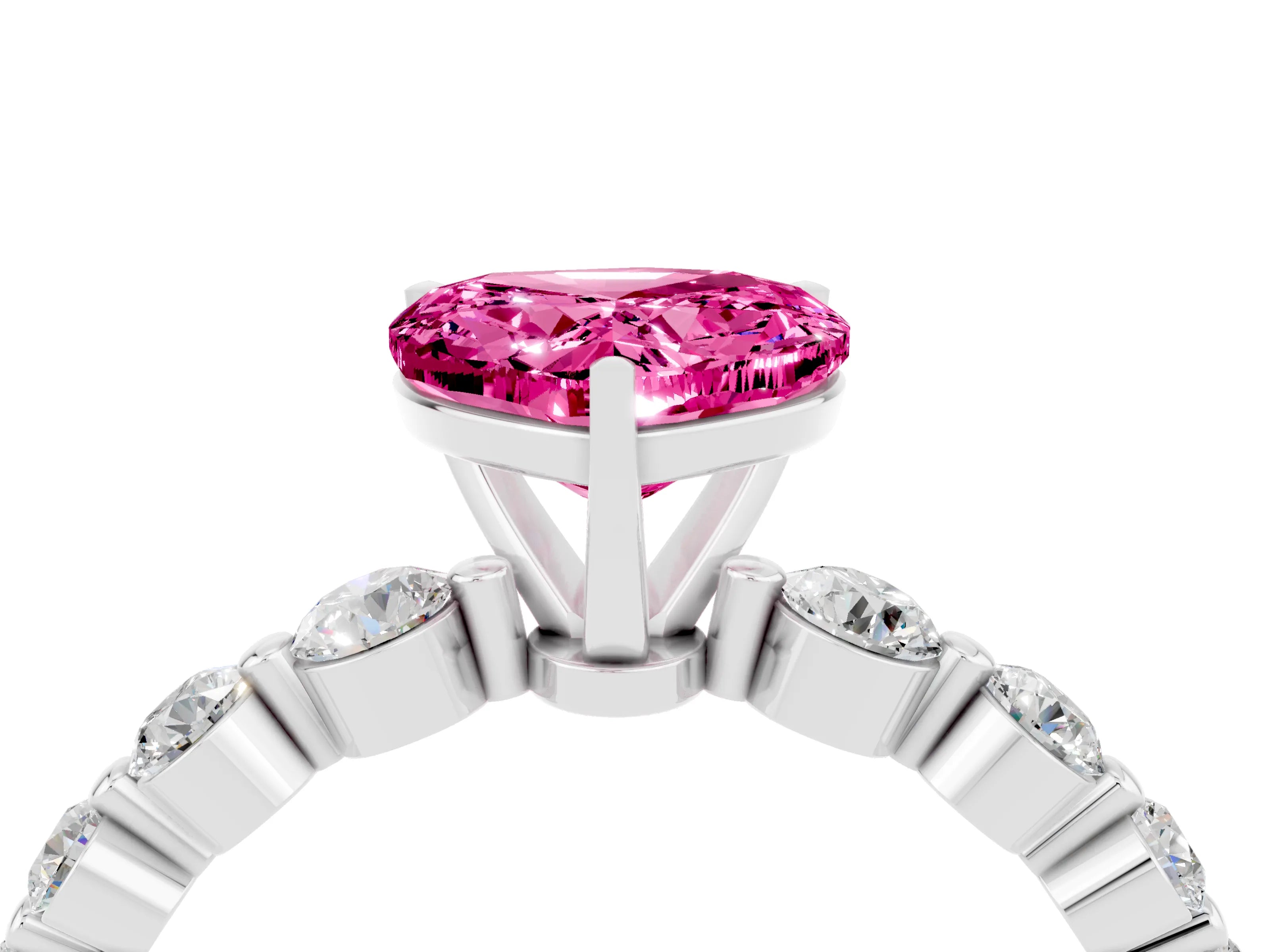 White gold Heart Cut Solitaire Pink Sapphire Ring with Pave Band and Four-Prong Setting_28