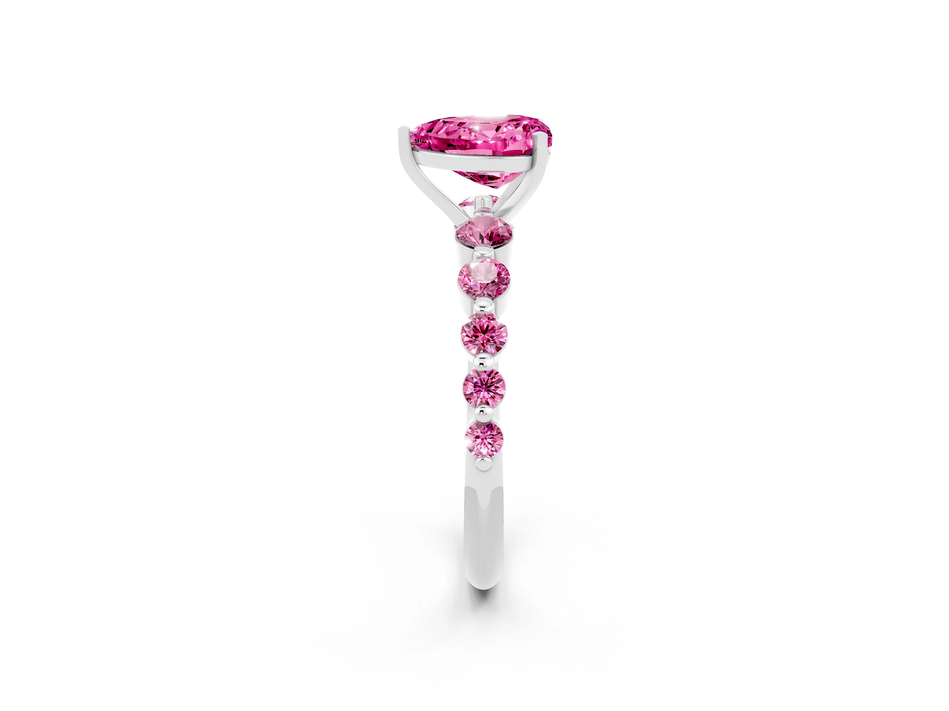 White gold Heart Cut Solitaire Pink Sapphire Ring with Pave Band and Four-Prong Setting_2