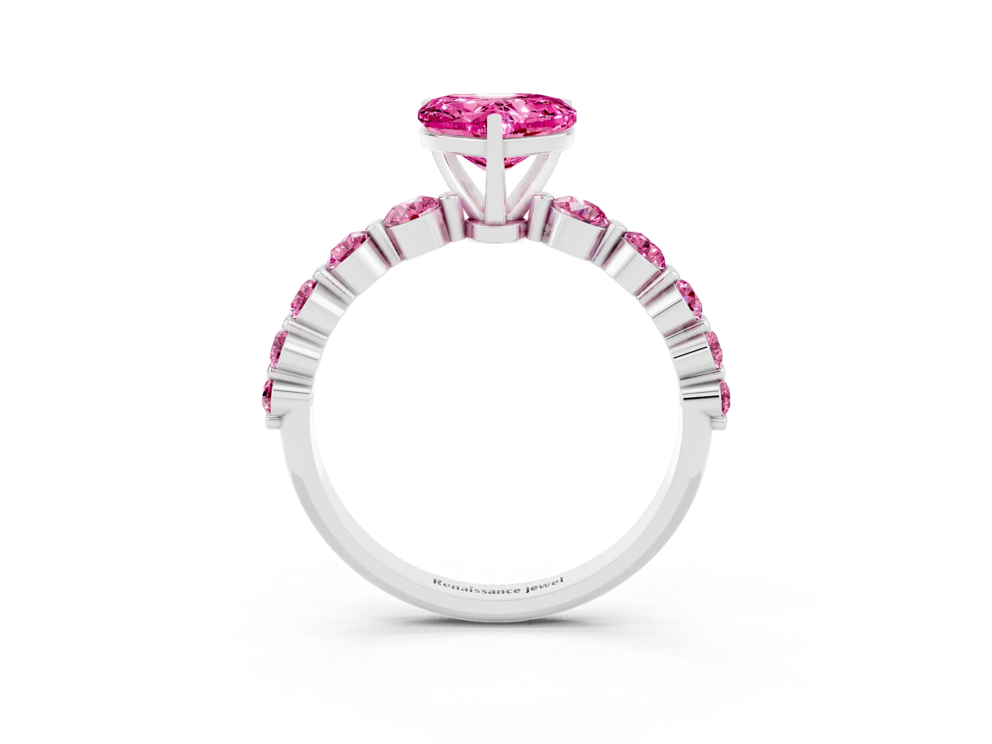 White gold Heart Cut Solitaire Pink Sapphire Ring with Pave Band and Four-Prong Setting_3