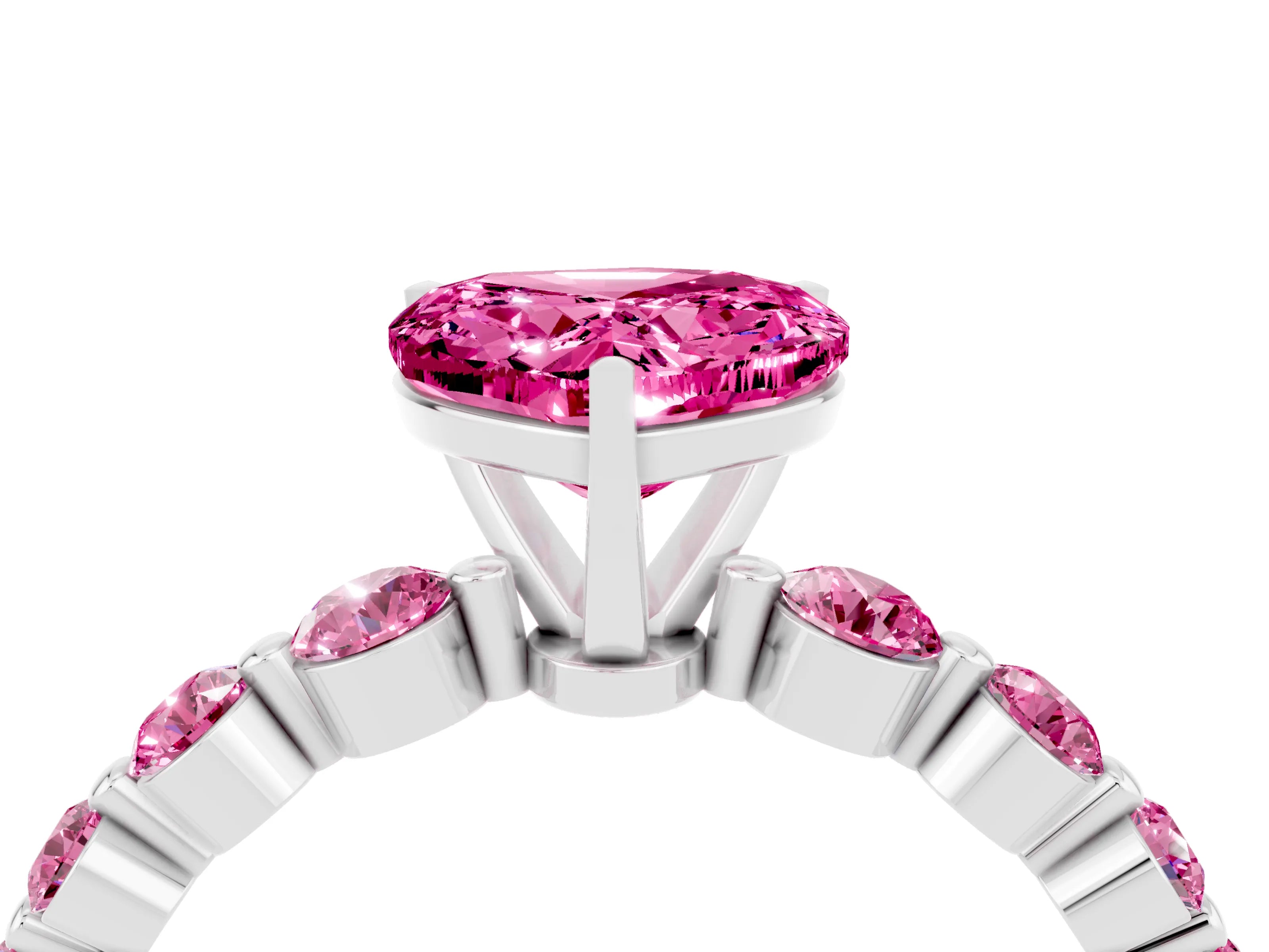 White gold Heart Cut Solitaire Pink Sapphire Ring with Pave Band and Four-Prong Setting_4