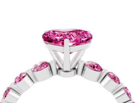 White gold Heart Cut Solitaire Pink Sapphire Ring with Pave Band and Four-Prong Setting_4